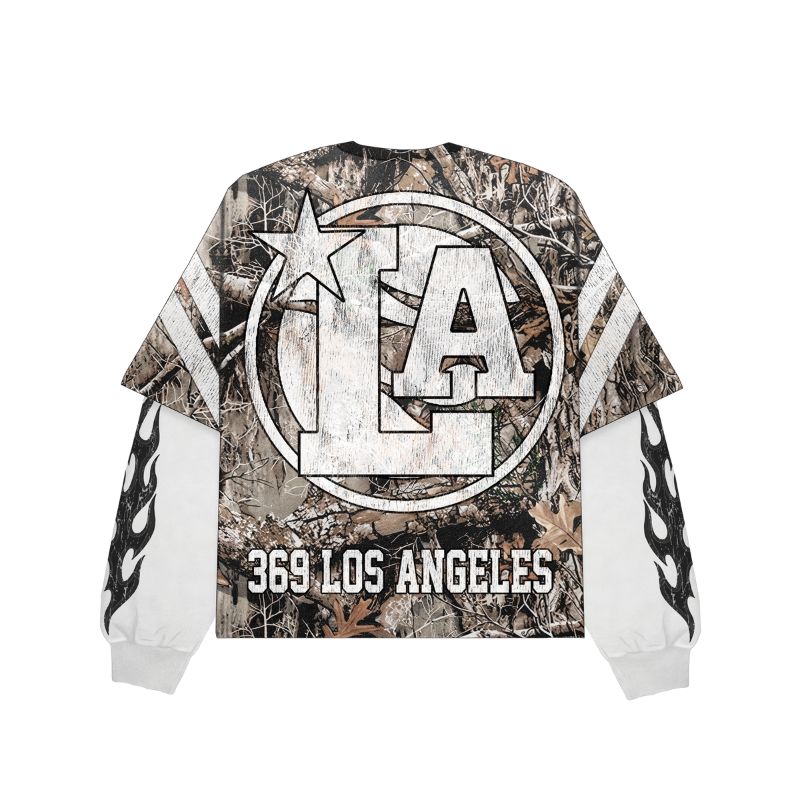 Woodland Camo Streetwear Graphic Layered Long-Sleeve T-Shirt