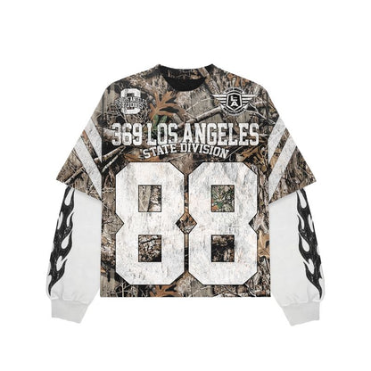 Woodland Camo Streetwear Graphic Layered Long-Sleeve T-Shirt