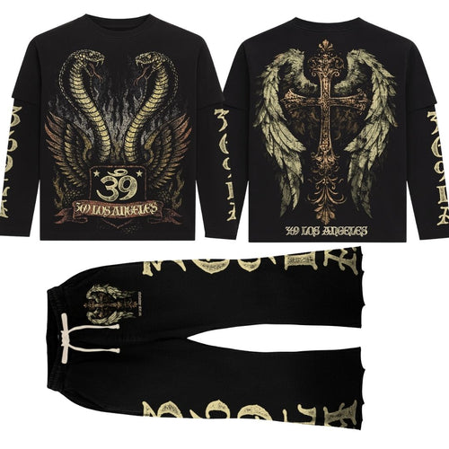 Angel Snake Streetwear Graphic Layered Tee & Flare Sweatpants Set