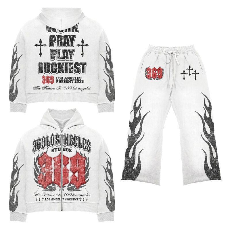 Luckiest Full-Zip Hoodie & Flare Streetwear Sweatpants Set