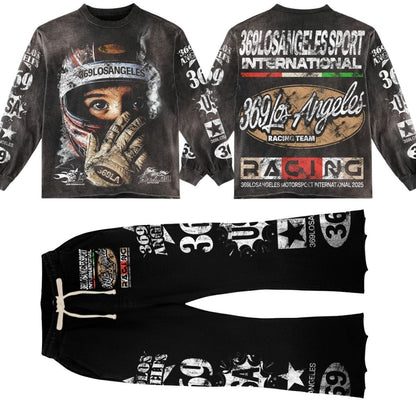 Global Motorsport Streetwear Graphic Long-Sleeve Tee & Flare Sweatpants Set