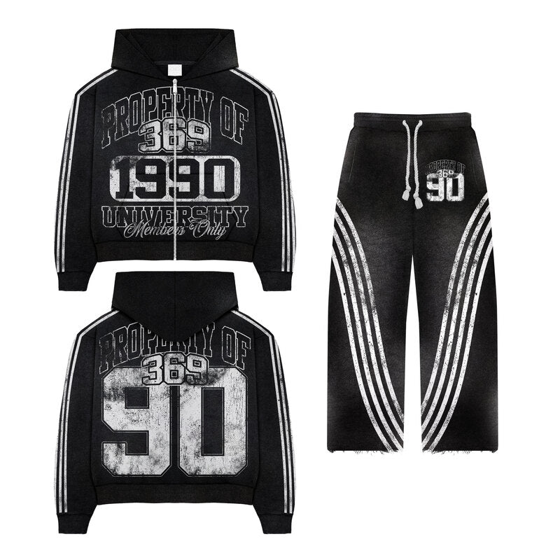 University Members Zip Hoodie & Flare Streetwear Sweatpants Set