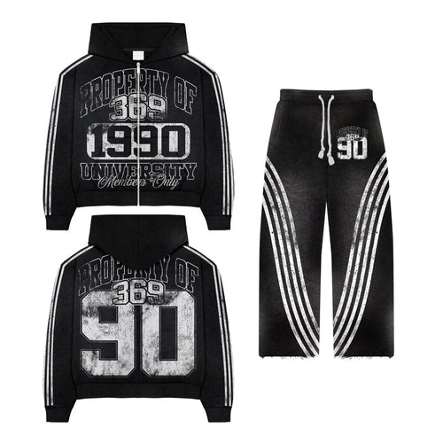 University Members Zip Hoodie & Flare Streetwear Sweatpants Set
