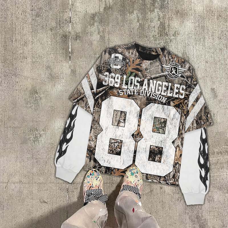 Woodland Camo Streetwear Graphic Layered Tee & Stripe Fleece Sweatpants Set
