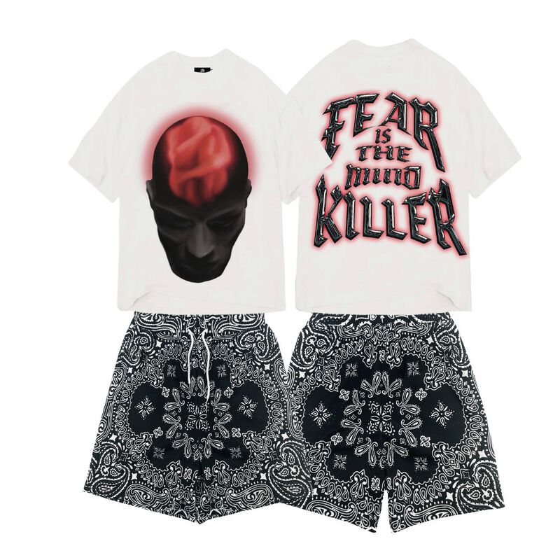 Fear Is The Mind Killer Streetwear Graphic T-Shirt & Black Bandana Shorts Set