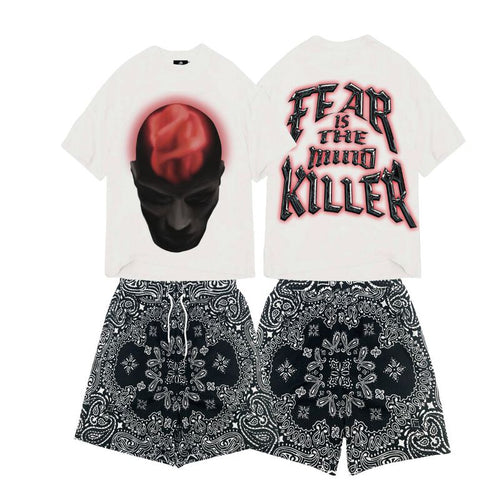 Fear Is The Mind Killer Streetwear Graphic T-Shirt & Black Bandana Shorts Set