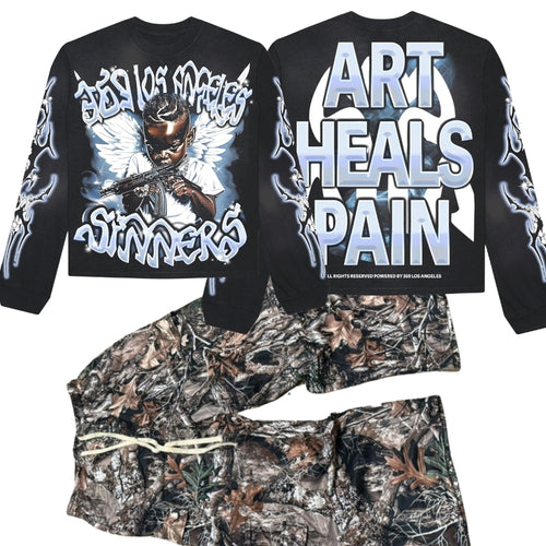 Art Heals Pain Streetwear Graphic Long-Sleeve Tee & Camo Cargo Pants Set