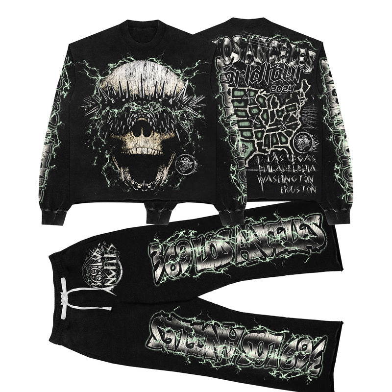Skull Streetwear Graphic Long-Sleeve Tee & Flare Sweatpants Set
