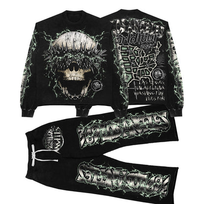 Skull Streetwear Graphic Long-Sleeve Tee & Flare Sweatpants Set